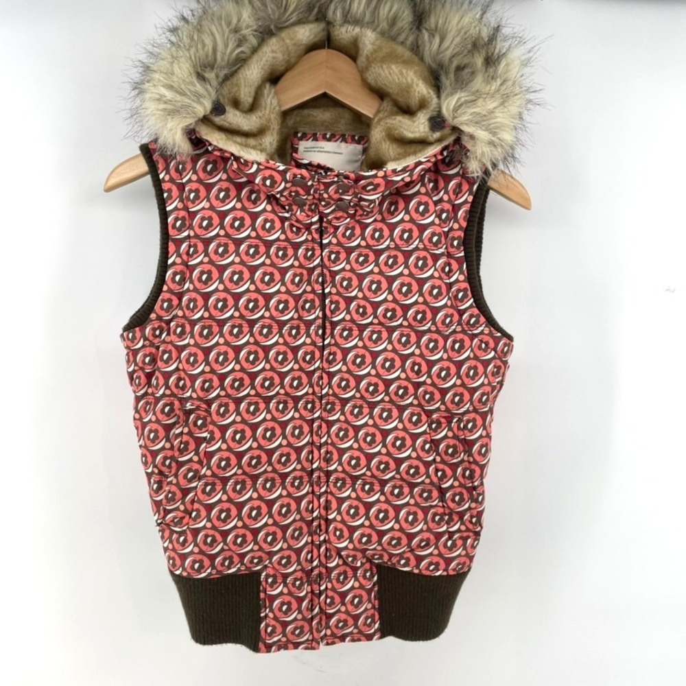 Aeropostale Y2K VEST Women M Puff Hood Faux Fur Trim Lined Pink Brown‎ Print